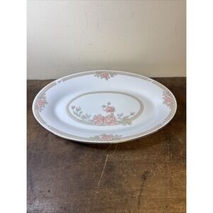 Crown Ming Jian Shiang Fine China Oval Serving Platter Pink Roses Gold Trim 14"
